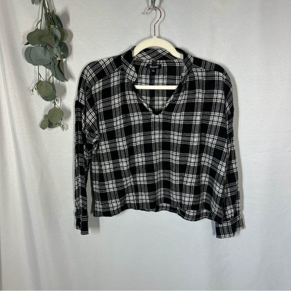 Madewell | Wool Blend Long Sleeve Plaid Top Black White Women’s Size Small - Picture 3 of 12